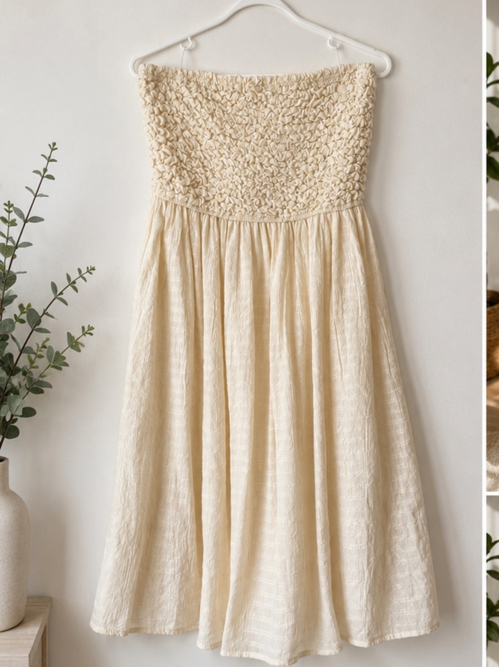 Strapless Cream Smocked Bodice Midi Dress